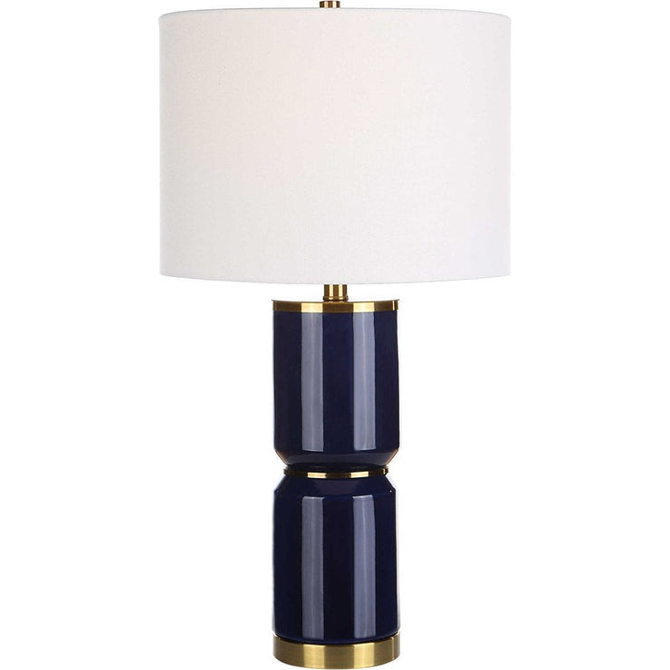 Casa Bella Living White Linen Shade with Royal Blue and Gold Ceramic Base Table Lamp