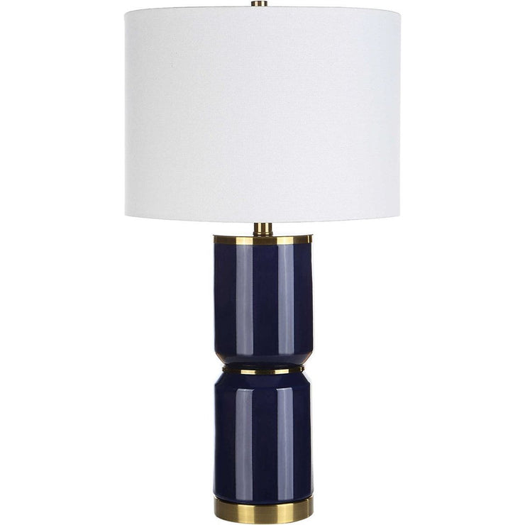 Salt & Light White Linen Shade with Royal Blue and Gold Ceramic Base Table Lamp