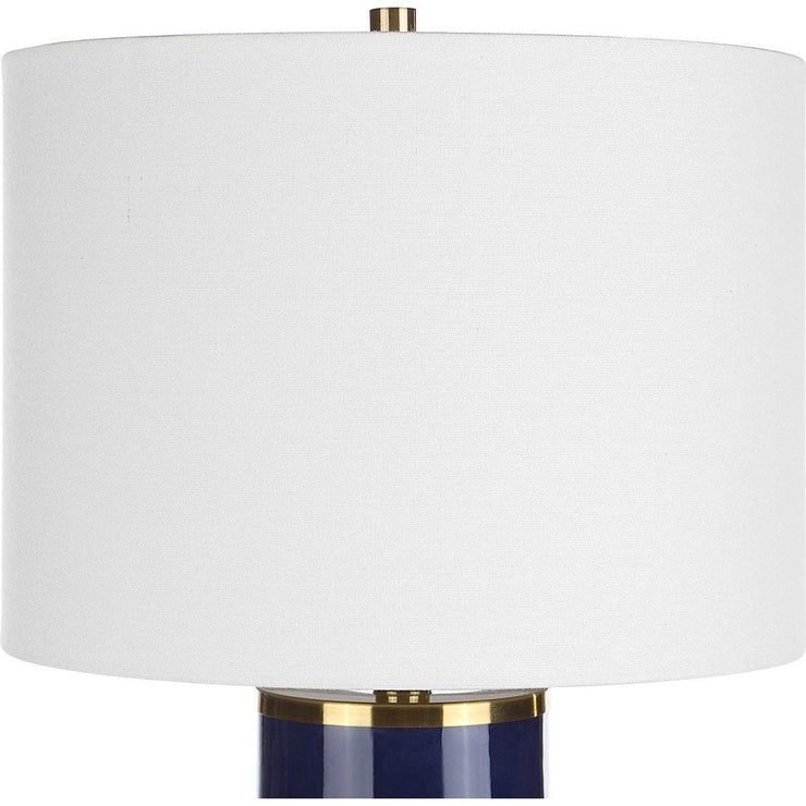 Salt & Light White Linen Shade with Royal Blue and Gold Ceramic Base Table Lamp