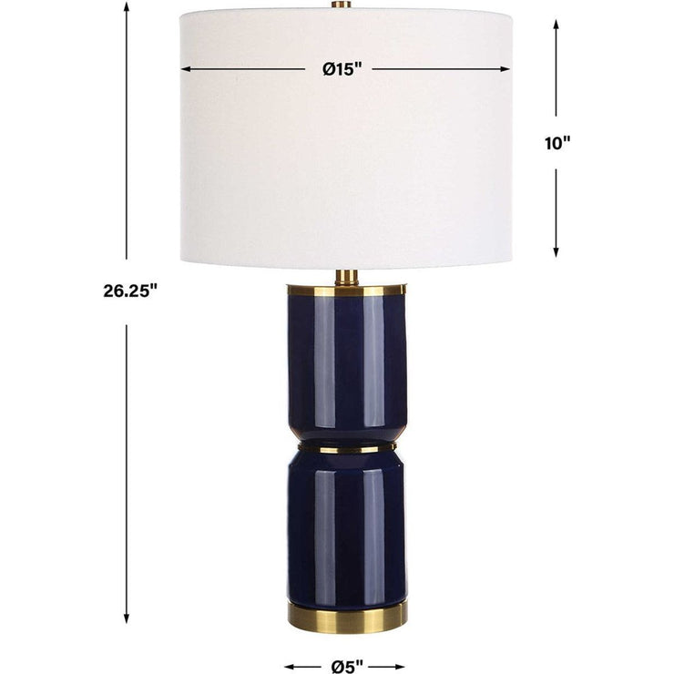 Salt & Light White Linen Shade with Royal Blue and Gold Ceramic Base Table Lamp