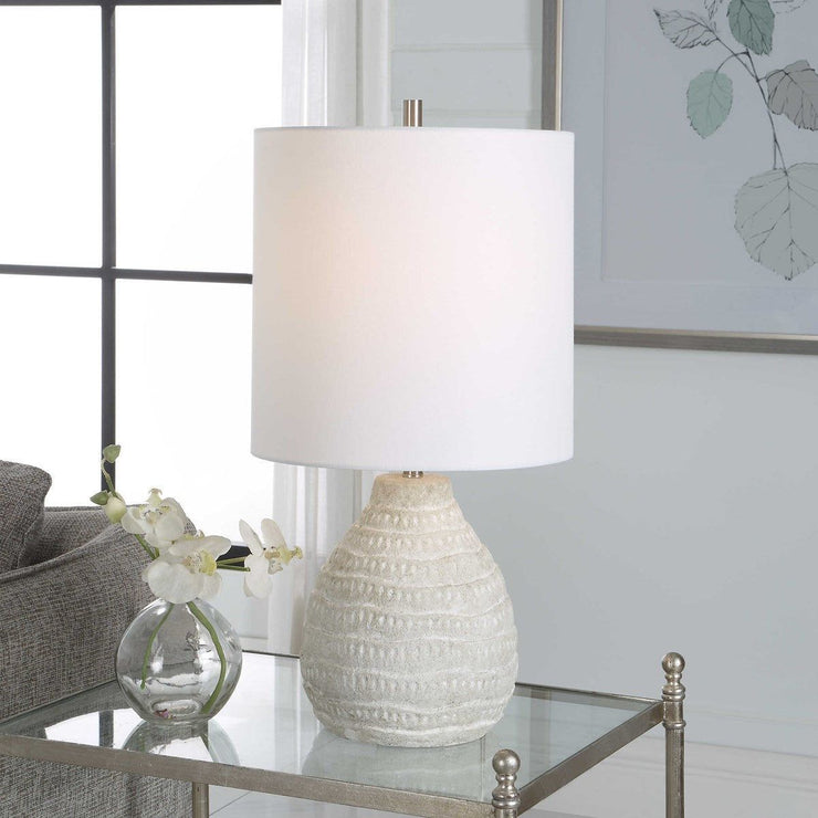 Salt & Light Off White Linen Shade with Textured Antique White Wash Ceramic Base Table Lamp
