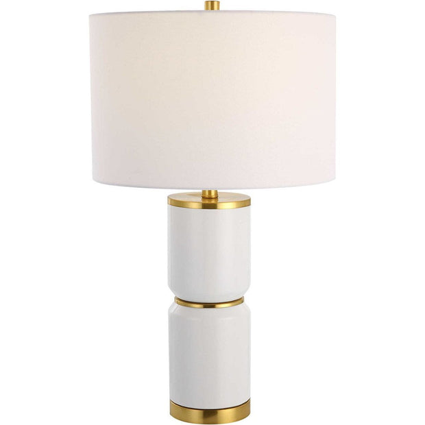 Salt & Light White Linen Shade with Gloss White and Gold Ceramic Base Table Lamp