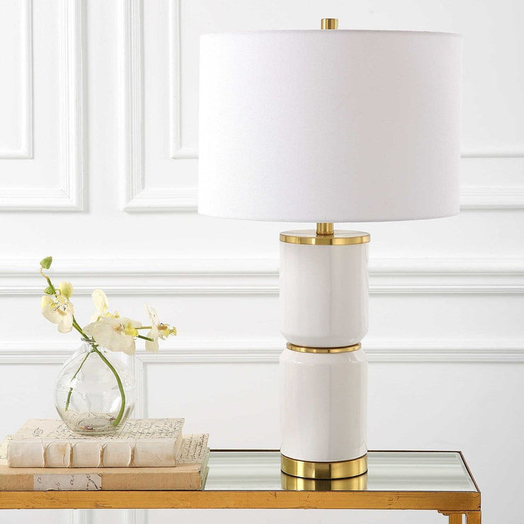 Salt & Light White Linen Shade with Gloss White and Gold Ceramic Base Table Lamp