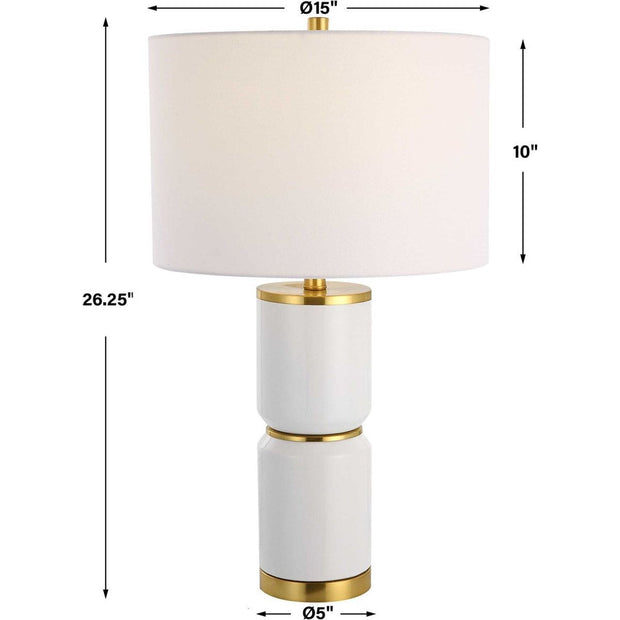 Salt & Light White Linen Shade with Gloss White and Gold Ceramic Base Table Lamp