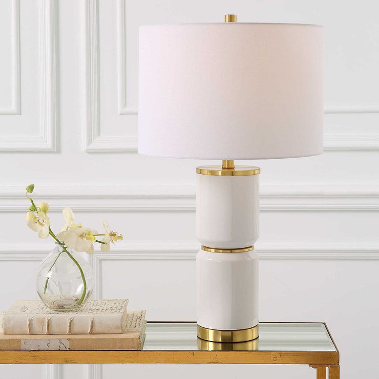 Salt & Light White Linen Shade with Gloss White and Gold Ceramic Base Table Lamp