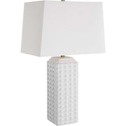 Salt & Light White Linen Shade With Gloss White Textured Ceramic Base Table Lamp