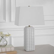 Salt & Light White Linen Shade With Gloss White Textured Ceramic Base Table Lamp