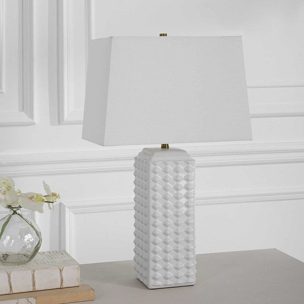 Casa Bella Living White Linen Shade With Gloss White Textured Ceramic Base Table Lamp