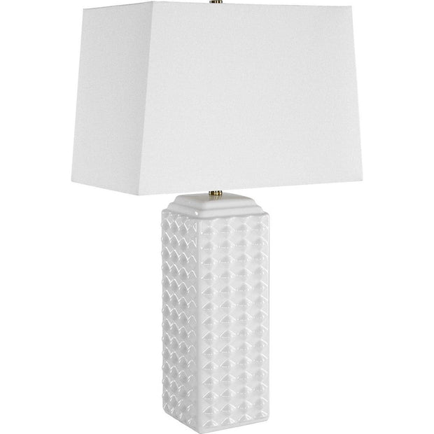 Salt & Light White Linen Shade With Gloss White Textured Ceramic Base Table Lamp