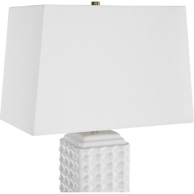 Salt & Light White Linen Shade With Gloss White Textured Ceramic Base Table Lamp