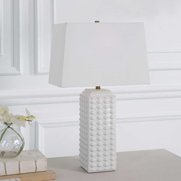 Salt & Light White Linen Shade With Gloss White Textured Ceramic Base Table Lamp