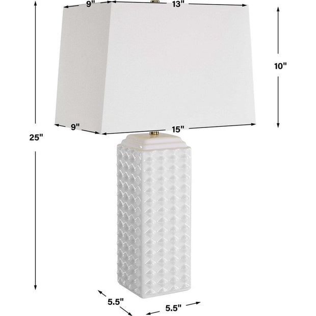 Salt & Light White Linen Shade With Gloss White Textured Ceramic Base Table Lamp