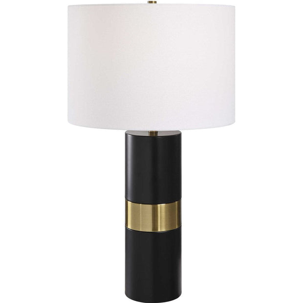 Salt & Light White Linen Shade With Black and Gold Metal Base Table Lamp