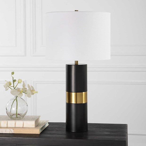 Salt & Light White Linen Shade With Black and Gold Metal Base Table Lamp