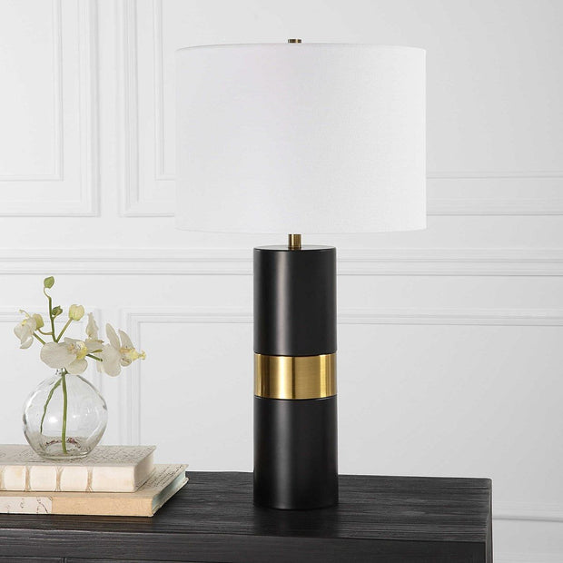 Casa Bella Living White Linen Shade With Black and Gold Metal Base Table Lamp