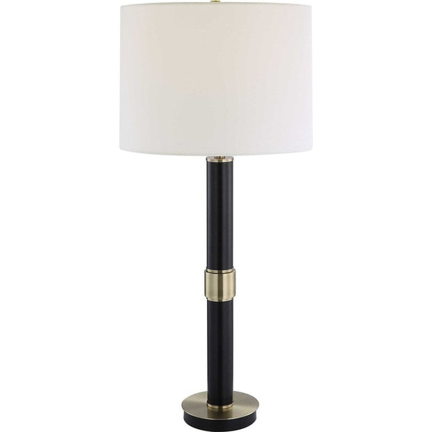 Casa Bella Living White Linen Shade With Black and Antiqued Gold Metal Base Table Lamp