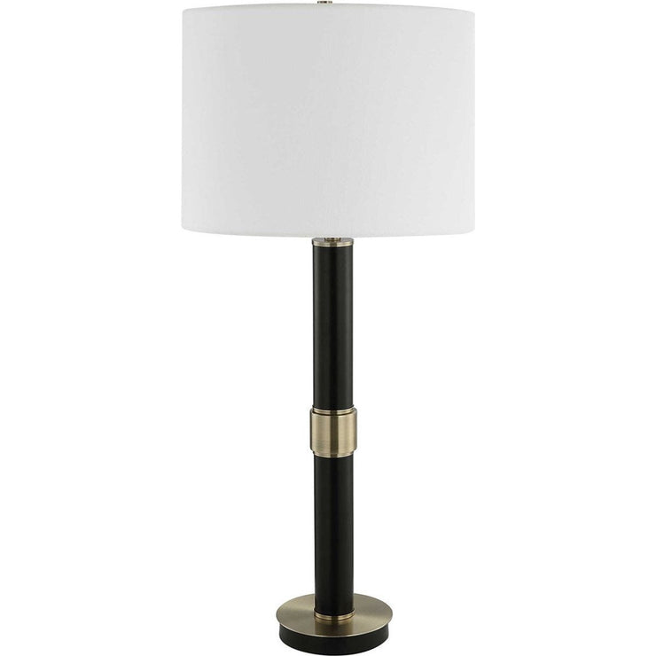 Salt & Light White Linen Shade With Black and Antiqued Gold Metal Base Table Lamp