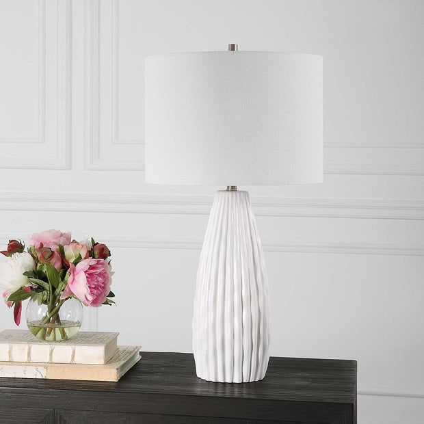 Salt & Light White Linen Shade with Textured White Ceramic Base Table Lamp