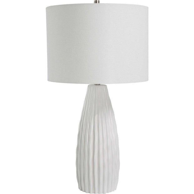 Salt & Light White Linen Shade with Textured White Ceramic Base Table Lamp