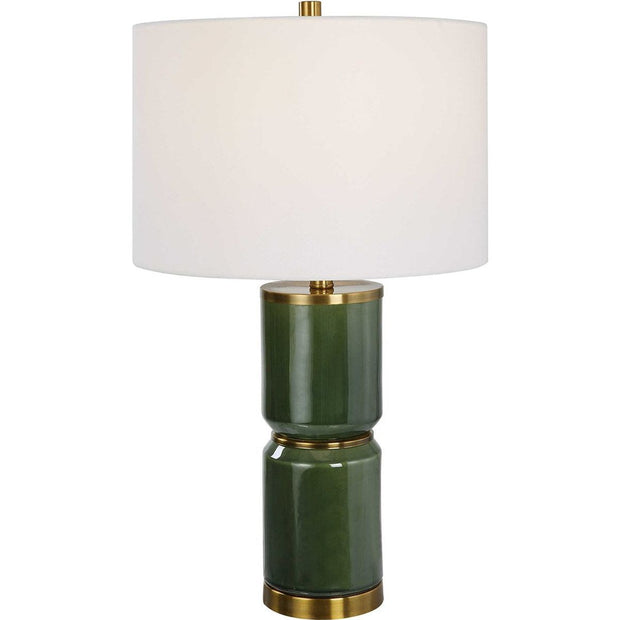 Salt & Light White Linen Shade with Dark Green and Antique Gold Ceramic Base Table Lamp