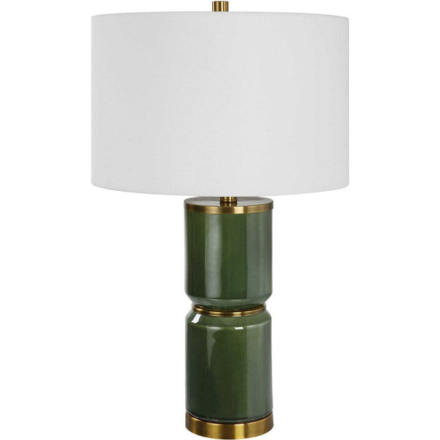 Salt & Light White Linen Shade with Dark Green and Antique Gold Ceramic Base Table Lamp