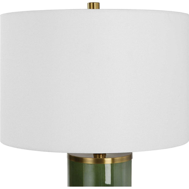 Salt & Light White Linen Shade with Dark Green and Antique Gold Ceramic Base Table Lamp