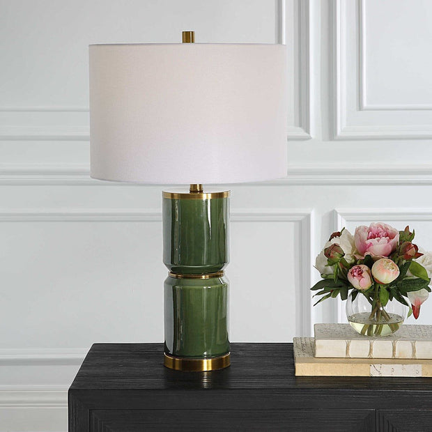 Salt & Light White Linen Shade with Dark Green and Antique Gold Ceramic Base Table Lamp