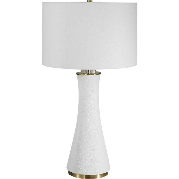 Casa Bella Living  White Linen Shade With Textured Matte White and Brushed Brass Base Table Lamp