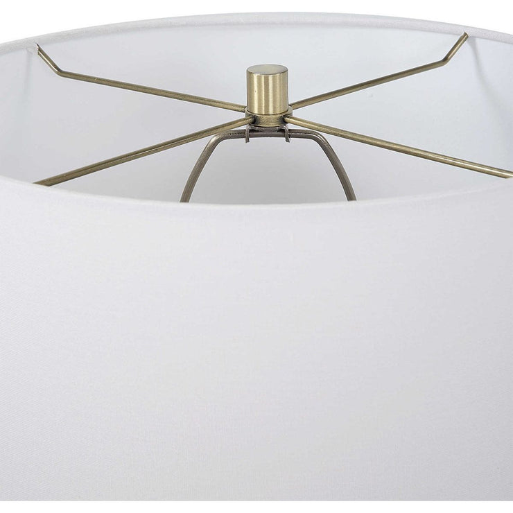 Salt & Light White Linen Shade With Textured Matte White and Brushed Brass Base Table Lamp