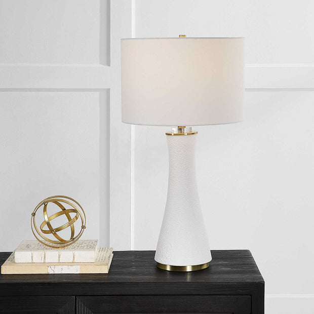 Salt & Light White Linen Shade With Textured Matte White and Brushed Brass Base Table Lamp