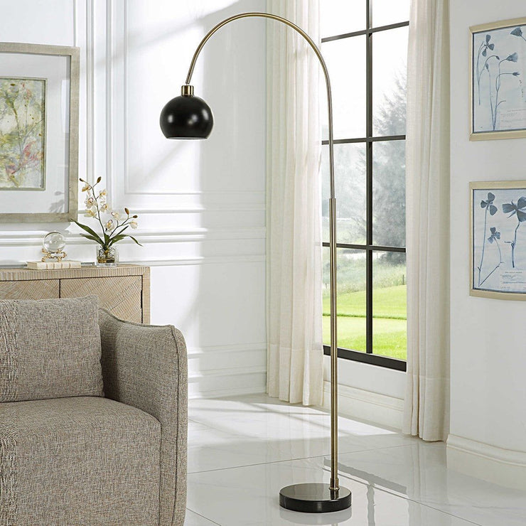 Salt & Light Matte Black Metal Shade With Antique Bass and Black Marble Base Modern Arched Floor Lamp