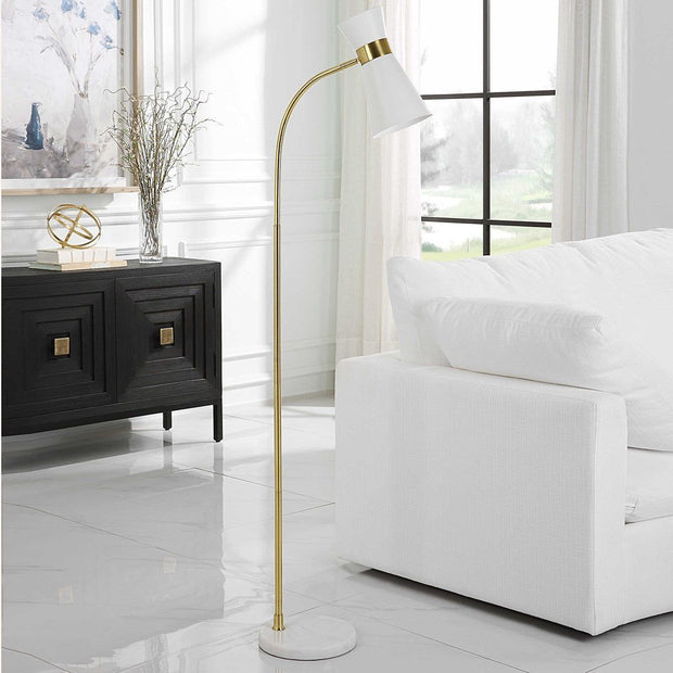 Salt & Light White Metal Cone Shade with Gold and White Marble Base Modern Floor Lamp