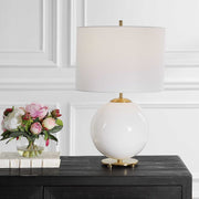 Salt & Light White Linen Shade with White Glass and Gold Accents Round Base Table Lamp