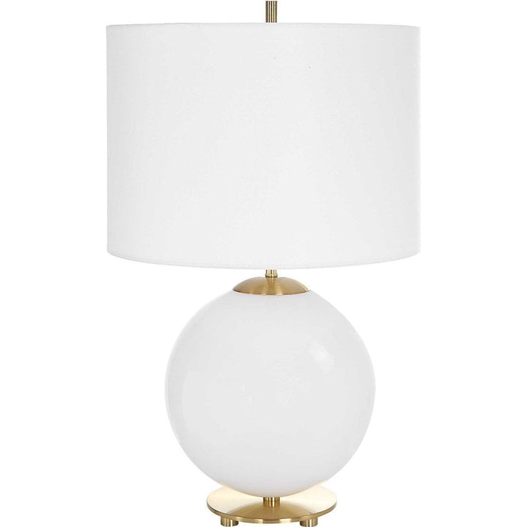 Salt & Light White Linen Shade with White Glass and Gold Accents Round Base Table Lamp