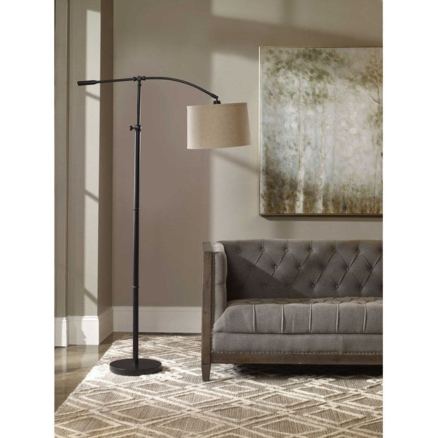 Casa Bella Living Oatmeal Shade With Rubbed Bronze Base Adjustable Modern Arc Floor Lamo