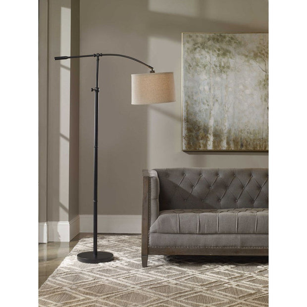 Casa Bella Living Oatmeal Shade With Rubbed Bronze Base Adjustable Modern Arc Floor Lamo
