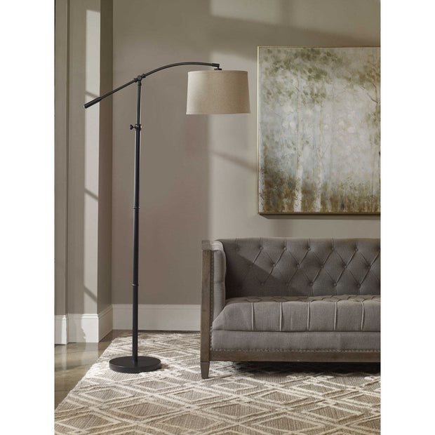 Casa Bella Living Oatmeal Shade With Rubbed Bronze Base Adjustable Modern Arc Floor Lamo