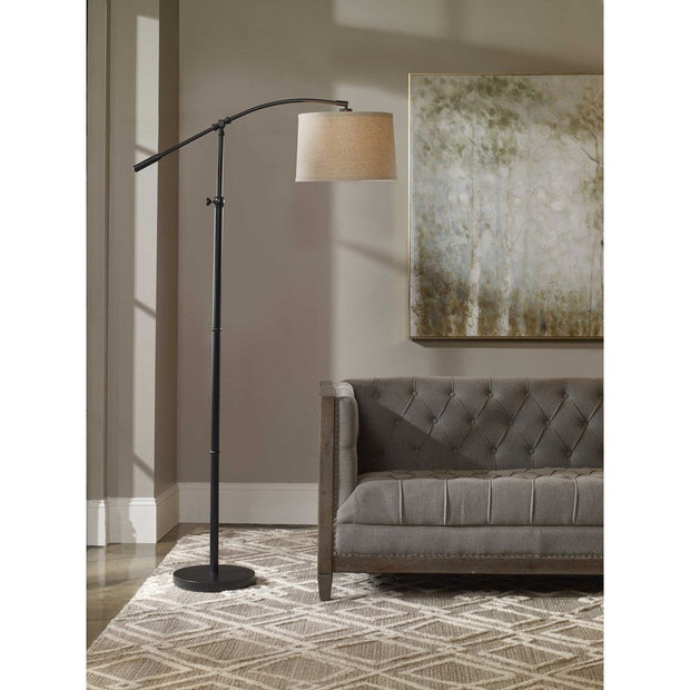 Casa Bella Living Oatmeal Shade With Rubbed Bronze Base Adjustable Modern Arc Floor Lamo