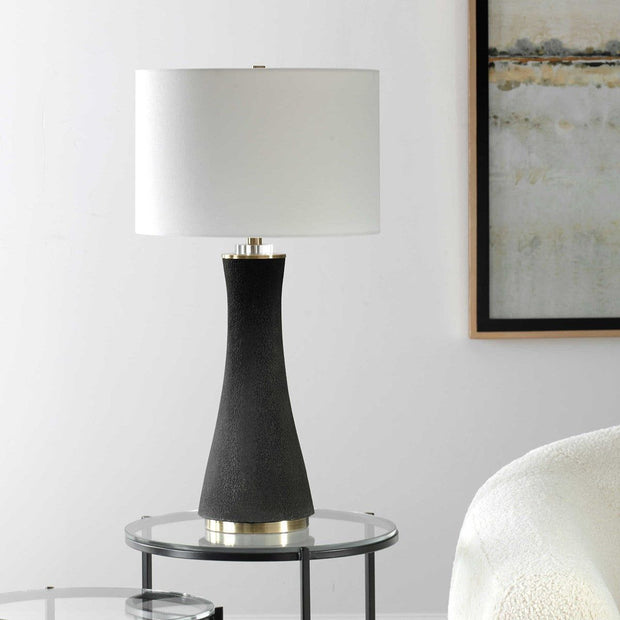 Salt & Light White Linen Shade With Rich Black Textured Ceramic and Brushed Brass Base Table Lamp