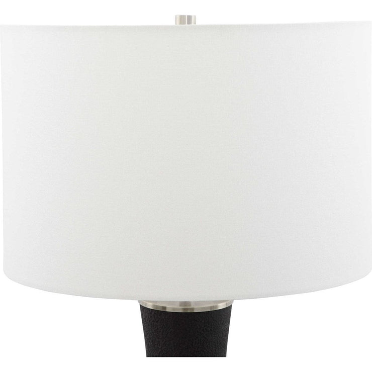 Salt & Light White Linen Shade With Rich Black Textured Ceramic and Brushed Brass Base Table Lamp