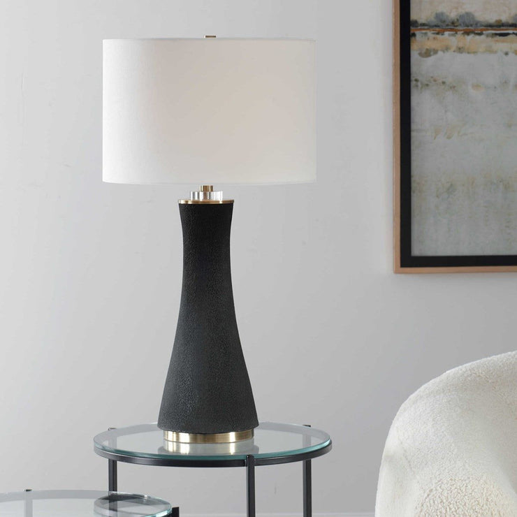 Salt & Light White Linen Shade With Rich Black Textured Ceramic and Brushed Brass Base Table Lamp
