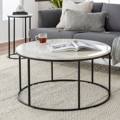 Surya Aryaa Modern White Marble Top With Black Metal Base Round Coffee Table YAA-004