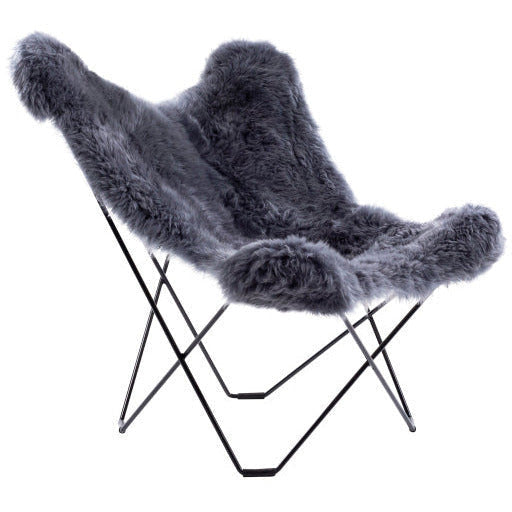 Surya Nizhoni Modern Charcoal Grey Sheepskin Sling Chair With Black Metal Legs