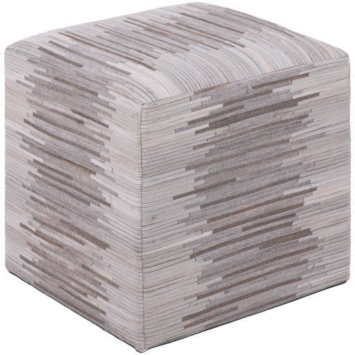 Surya Zander Modern Hair On Hide Cream, Gray & Brown Patched Leather Pouf Ottoman ZNPF-002