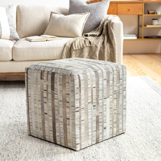 Surya Zander Modern Hair On Hide Gray, Brown, Ivory & Beige Patched Leather Pouf Ottoman ZNPF-004