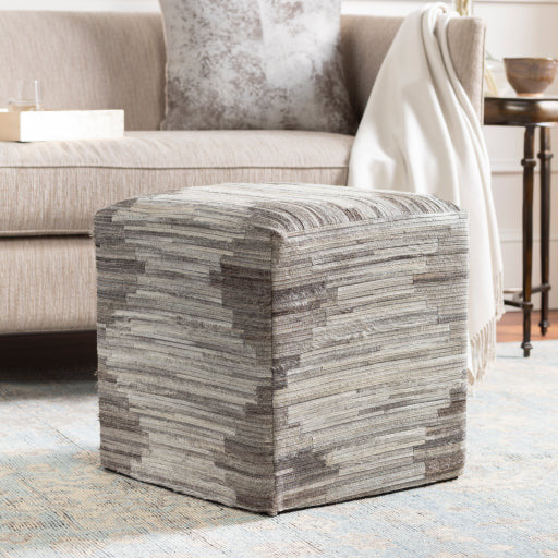 Surya Zander Modern Hair On Hide Gray, Charcoal, Light Gray & Tan Patched Leather Pouf Ottoman ZNPF-006