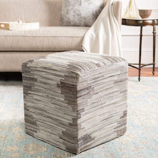 Surya Zander Modern Hair On Hide Gray, Charcoal, Light Gray & Tan Patched Leather Pouf Ottoman ZNPF-006