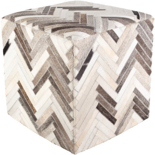 Surya Zander Modern Hair On Hide Black, Gray, Cream & Tan Patched Leather Pouf Ottoman ZNPF-010